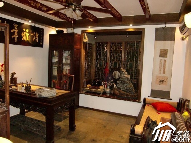 小户型装修,90平米装修,经济型装修,中式风格,书房,书桌,背景墙,实用