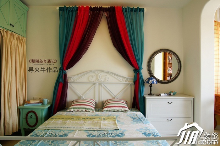 导火牛,地中海风格,富裕型装修,110平米装修,公寓装修,卧室,床,床头柜,卧室背景墙,舒适