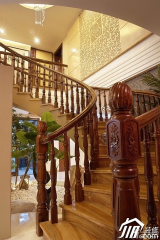 中式风格复式古典原木色豪华型楼梯效果图