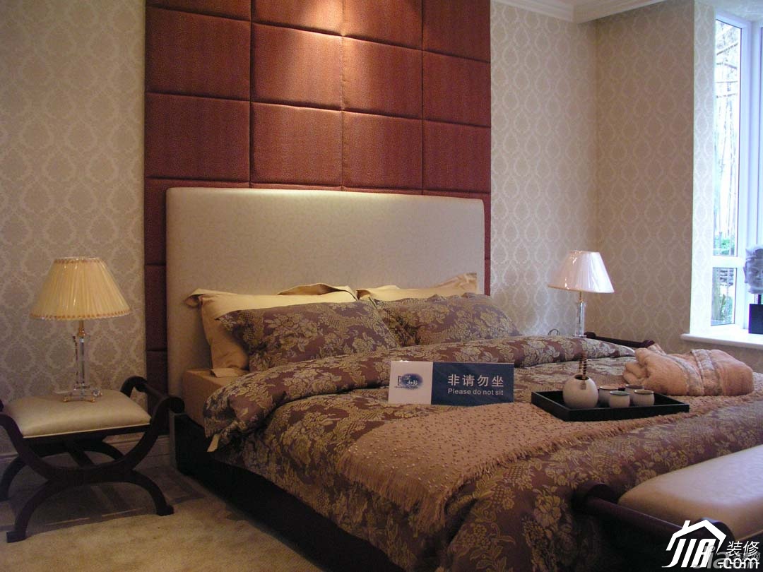 ,中式风格,简欧风格,混搭风格,三居室装修,富裕型装修,卧室,床,古典,床,床头软包