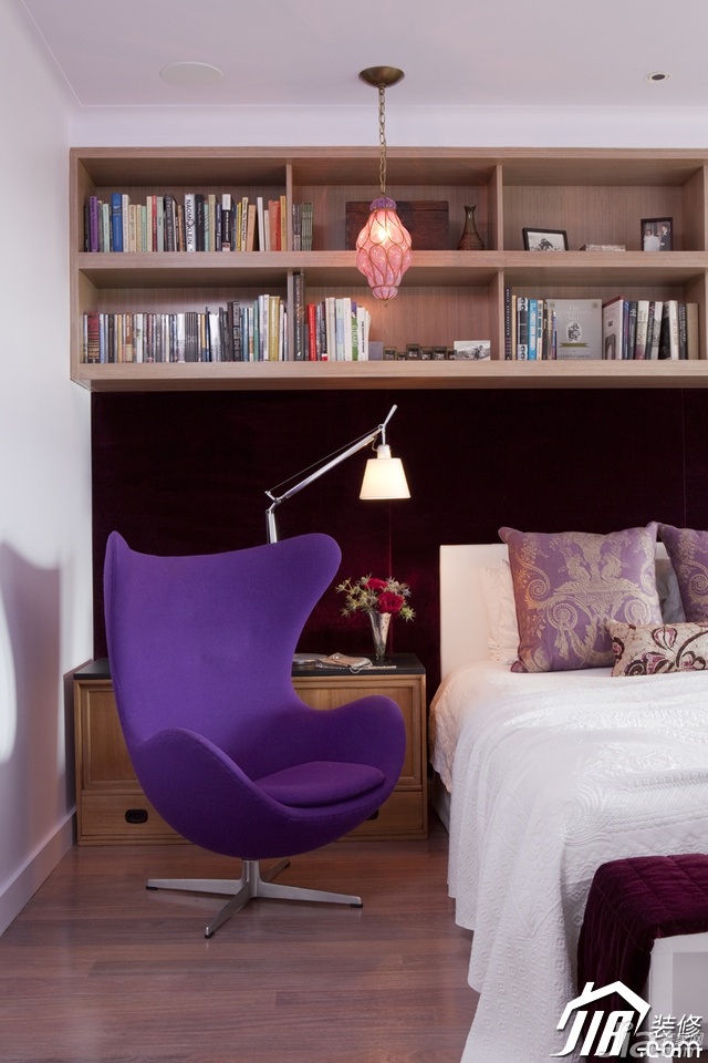 公寓装修,富裕型装修,混搭风格,卧室,紫色,浪漫,卧室背景墙,灯具