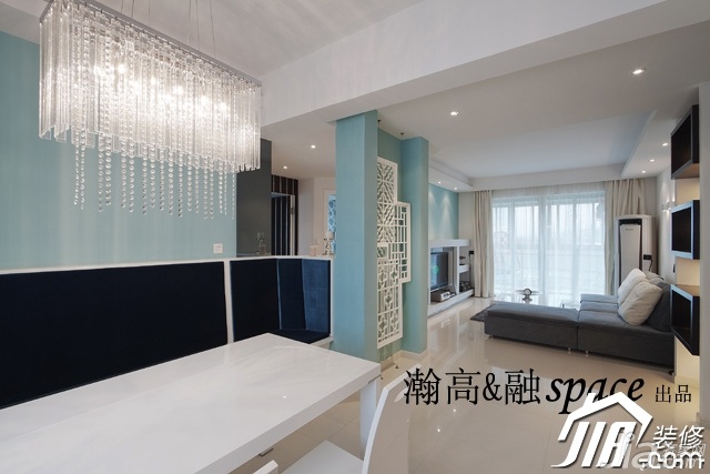 蓝色装修,公寓装修,富裕型装修,简约风格,欧式风格,时尚,餐厅,餐桌,灯具,瀚高&融设计