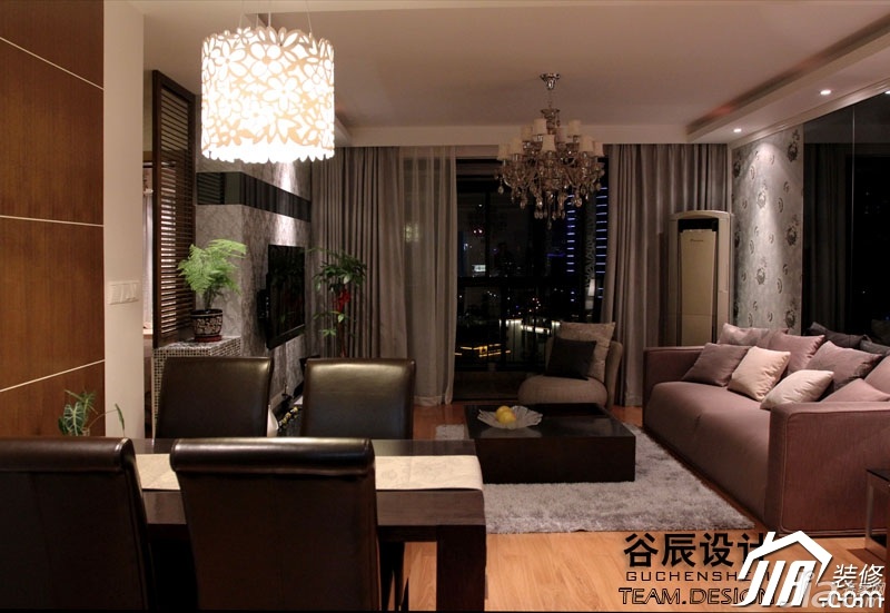 稳重,褐色装修,公寓装修,富裕型装修,简约风格,客厅,沙发,灯具,茶几,窗帘,餐厅,餐桌