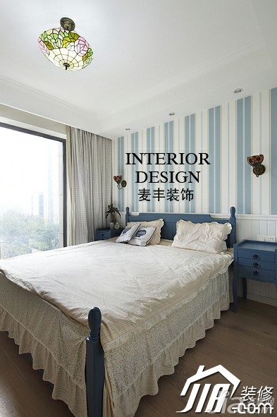 混搭风格,地中海风格,经济型装修,70平米装修,公寓装修,灯具,床,卧室,窗帘,床头柜,壁纸