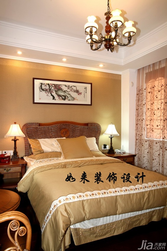 混搭风格,富裕型装修,复式装修,如来装饰,卧室,灯具,窗帘,床,装饰画