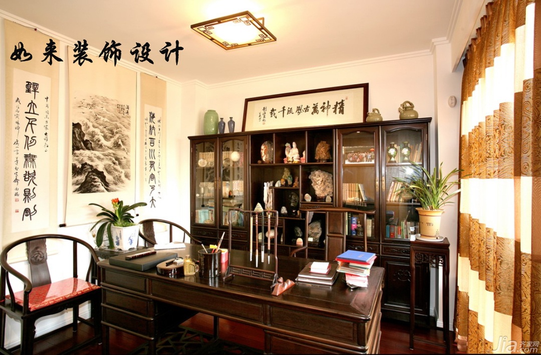 混搭风格,富裕型装修,复式装修,如来装饰,书房,书架,装饰画