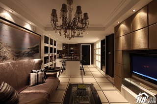 新古典风格公寓奢华褐色豪华型客厅电视背景墙灯具图片