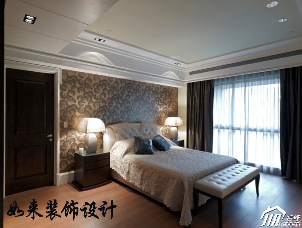 公寓装修,富裕型装修,简约风格,如来装饰,卧室,壁纸,窗帘,灯具,床,床头柜