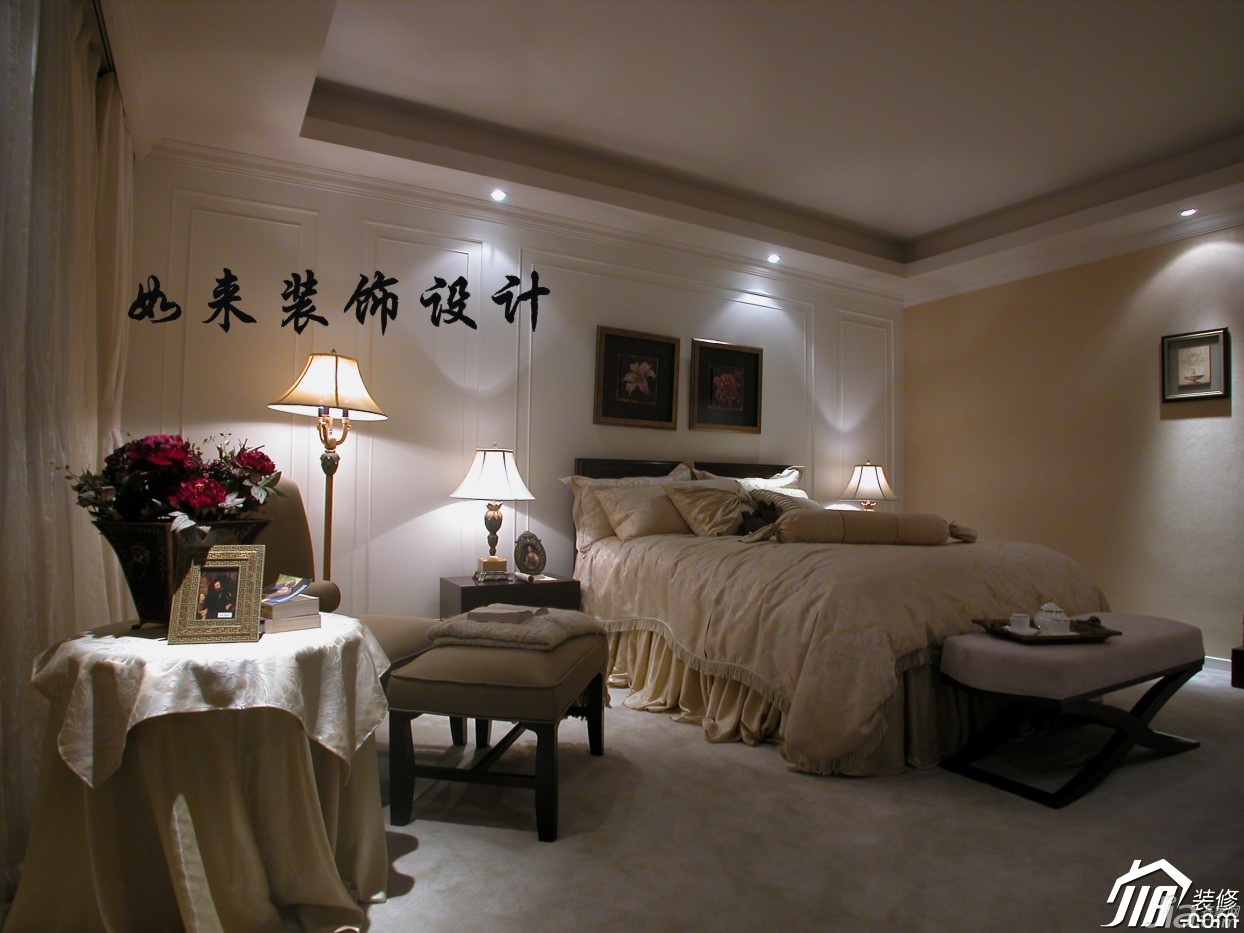 复式装修,富裕型装修,欧式风格,如来装饰,卧室,床,灯具