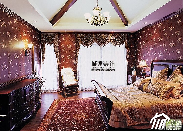 别墅装修,20万以上装修,中式风格,欧式风格,卧室,壁纸,灯具,床,城建装饰