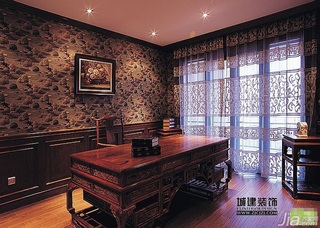 中式风格别墅20万以上书房背景墙书桌效果图