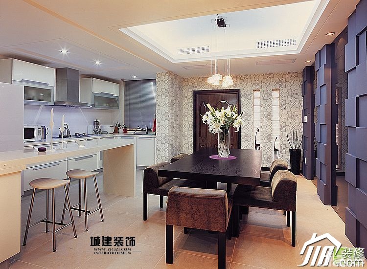 跃层装修,富裕型装修,简约风格,餐厅,吧台,餐桌,灯具,背景墙,城建装饰