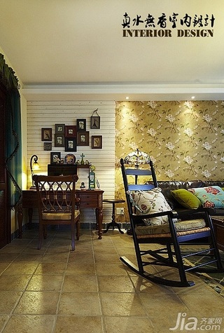 混搭风格古典原木色富裕型70平米工作区背景墙书桌婚房家装图片