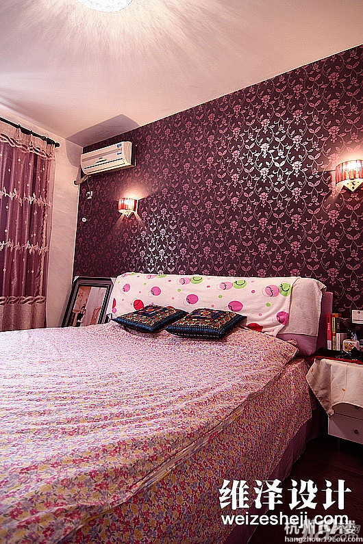 公寓装修,60平米装修,简约风格,富裕型装修,紫色,壁纸,床,窗帘,卧室
