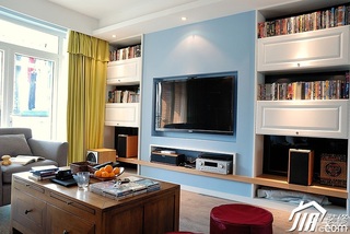 宜家风格二居室富裕型客厅电视背景墙书架效果图