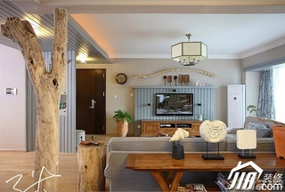 三米设计美式风格富裕型130平米客厅电视背景墙灯具图片