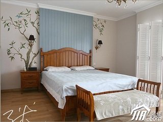 三米设计美式乡村风格跃层小清新富裕型卧室卧室背景墙床图片