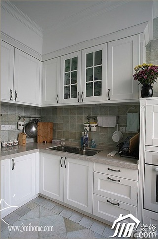 三米设计美式乡村风格跃层白色富裕型厨房橱柜订做