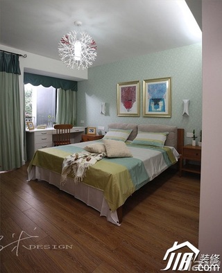 三米设计美式乡村风格复式小清新绿色富裕型卧室窗帘图片
