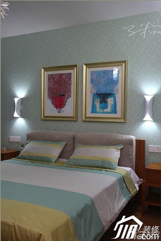 三米设计美式乡村风格复式绿色富裕型卧室壁纸图片