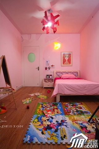 三米设计美式乡村风格复式可爱粉色富裕型儿童房床图片