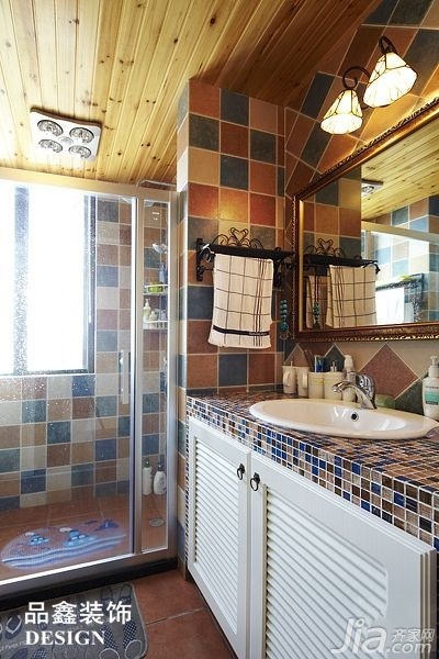 暖色调装修,130平米装修,三居室装修,地中海风格,卫生间,浴室柜,品鑫装饰