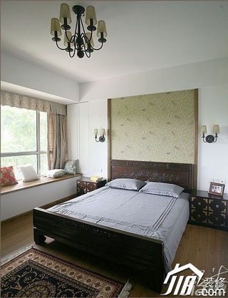 三米设计中式风格公寓富裕型130平米卧室卧室背景墙床效果图