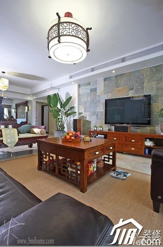 三米设计中式风格公寓富裕型130平米客厅电视背景墙灯具图片
