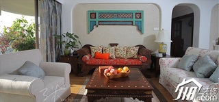 三米设计东南亚风格三居室富裕型客厅沙发背景墙窗帘图片