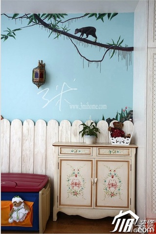 三米设计东南亚风格三居室可爱富裕型儿童房卧室背景墙床头柜效果图