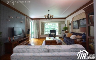 三米设计美式乡村风格富裕型120平米客厅飘窗窗帘图片