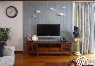 三米设计美式乡村风格富裕型120平米客厅电视背景墙窗帘效果图