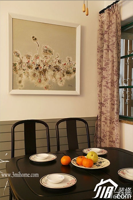 130平米装修,富裕型装修,混搭风格,三米设计,餐桌,装饰画,窗帘,餐厅
