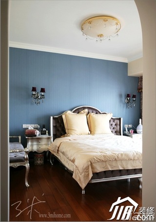 三米设计欧式风格公寓蓝色富裕型120平米卧室卧室背景墙床效果图