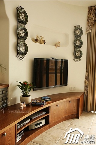 三米设计美式乡村风格三居室富裕型客厅电视柜效果图