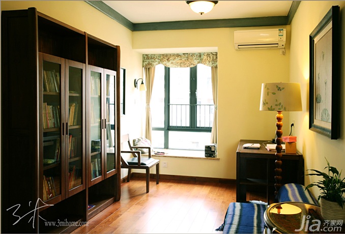 三居室装修,美式乡村风格,富裕型装修,三米设计,书房,灯具,书桌,书架,飘窗