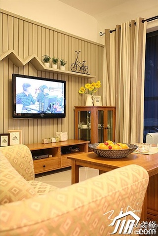 三米设计美式风格公寓富裕型120平米客厅电视背景墙窗帘图片