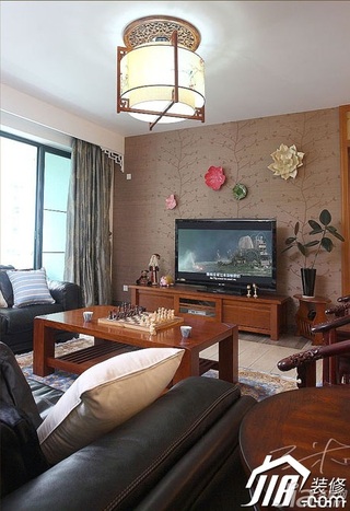 三米设计中式风格公寓经济型130平米客厅电视背景墙灯具效果图