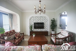 三米设计田园风格复式富裕型客厅电视背景墙沙发图片