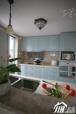 三米设计田园风格复式小清新蓝色富裕型厨房橱柜设计