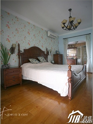 三米设计田园风格复式小清新蓝色富裕型卧室床效果图