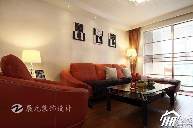 富裕型装修,简约风格,温馨,彩色装修,90平米装修,客厅,沙发背景墙,沙发,茶几,展元装饰