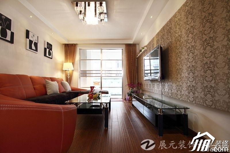 富裕型装修,简约风格,温馨,彩色装修,90平米装修,客厅,沙发背景墙,沙发,茶几,电视柜,展元装饰