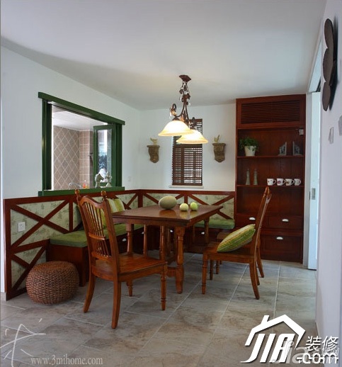 三米设计,复式装修,富裕型装修,东南亚风格,餐厅,餐桌,灯具