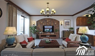 三米设计中式风格公寓经济型130平米客厅电视背景墙灯具图片