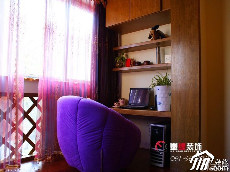 公寓装修,暖色调装修,50平米装修,5-10万装修,田园风格,书房,书桌,窗帘