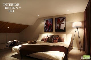 简约风格复式温馨富裕型卧室卧室背景墙床图片
