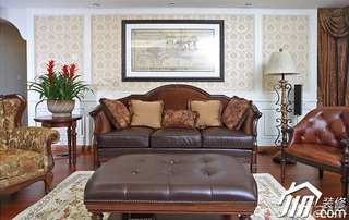 三米设计美式风格别墅豪华型客厅沙发背景墙壁纸效果图