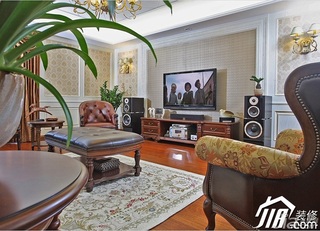 三米设计美式风格别墅豪华型客厅电视背景墙电视柜效果图