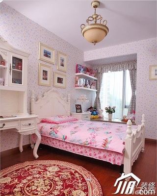 三米设计美式风格别墅粉色豪华型儿童房飘窗床图片